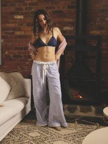 Aralina Sleepwear Fall Winter Cute Stripe Frill Hem With Lace Detail And Cosy Brushed Rib Tie With Contrast Floral Printed Internal Waistband Sleep Pant - Blue and White - View 5