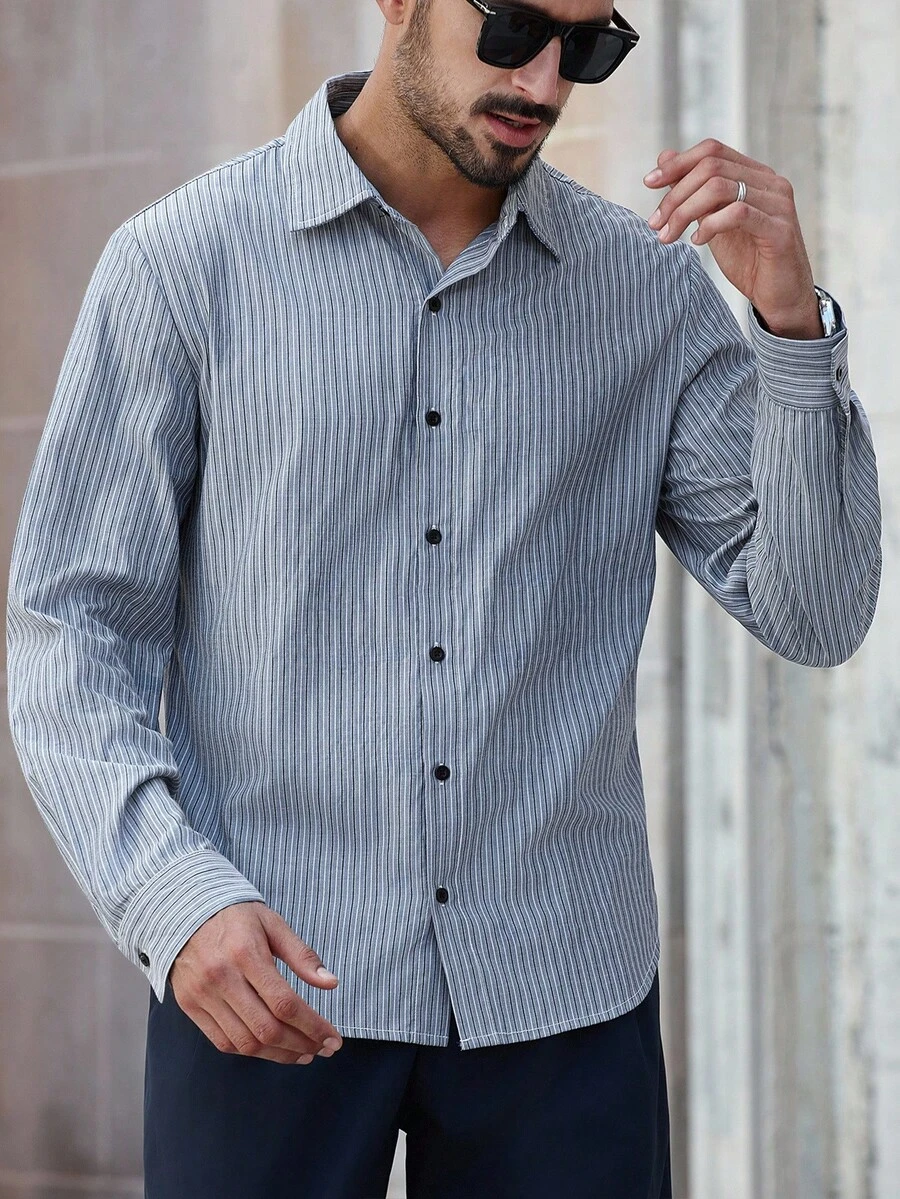 Manfinity Bizformal Men's Casual Commuter Striped Long Sleeve Shirt Men Striped Shirt Men Business Casual Shirt Men Dress Shirt Blue Striped Shirt Gray Striped Shirt Men Striped Shirt Grey Striped Shirt, For Fall - Blue - View 1