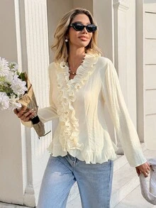 SHEIN Frenchy 女式时尚优雅荷叶边长袖修身衬衫 - 杏色 - 查看 6