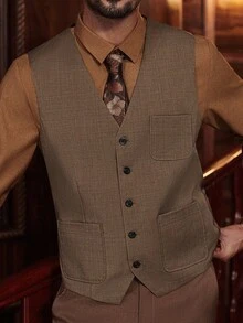 Manfinity Bizformal Chaleco de vestir/casual marrón claro con botones para hombre - Marrón - Ver 5
