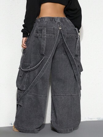 Grunge Punk Plus Size Loose Fit Dark Punk Super Heavy Metal Grommet Strap Cross Design Denim Jeans
