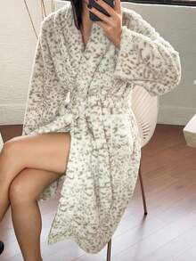 DAZY Women's Leopard Print Mid-Length Lapel Collar Flannel Robe, Winter, Fall Fluffy Pajama, Cozy - Beige - View 5