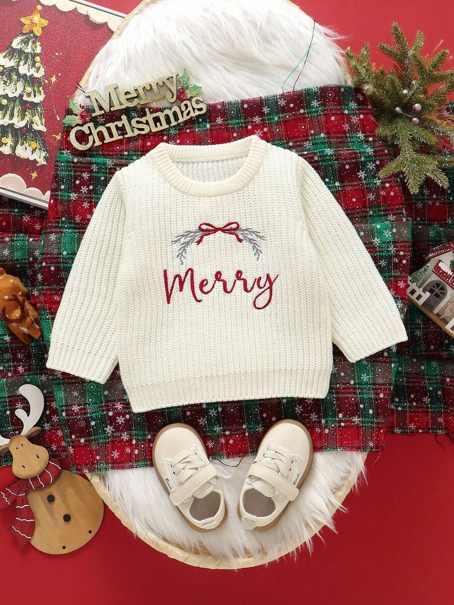 1 Stück Elfenbein Kleinkind Weihnachts-Atmosphäre Pullover, Rundhals Pullover Langarm, Schleife, Blumenkranz & Buchstaben Stickerei, modischer Strick-Top - Weiss - Übersicht 1