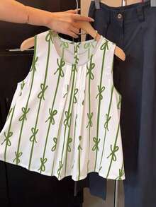 Franclia Bowknot Striped Print Pleated Sleeveless Shirt