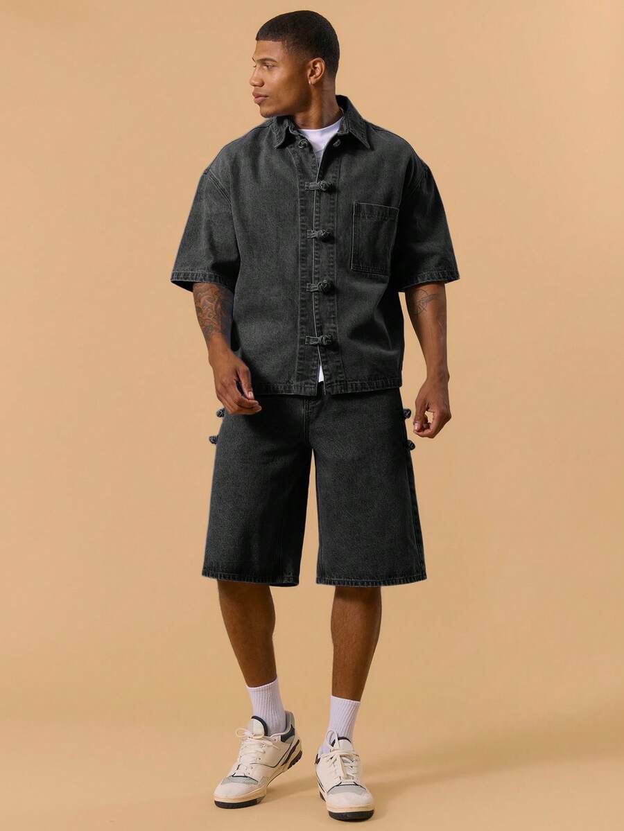 Musero 长款宽松水洗牛仔短裤，仅纽扣固定，腰带环细节设计，春夏季度假休闲