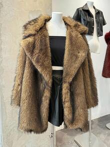 GalTyme 大码女式复古仿皮草大衣，秋冬时尚 - 棕色 - 查看 3