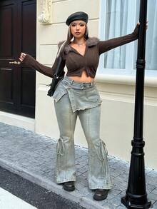 SHEIN ICON Women's Retro Denim Flared Leg Tie-Waist Slim Fit 2 In 1 Pants