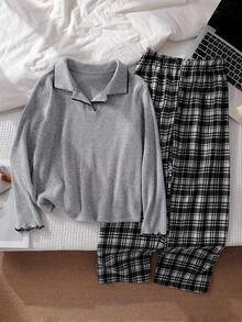 2 件套女童休闲套装，灰色翻领上衣搭配格子裤，长袖，长裤，舒适家居服，春/秋/冬 - 灰色 - 查看 5