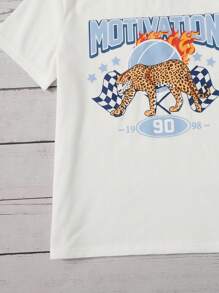 SHEIN Tween Girl Letter & Leopard Print Tee & Ruffle Trim Tie Side Wrap Skirt - Blue and White - View 3