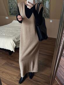 DAZY Women's Casual Loose Solid Color V-Neck Sleeveless Sweater Dress Fall/Winter - Apricot - View 1