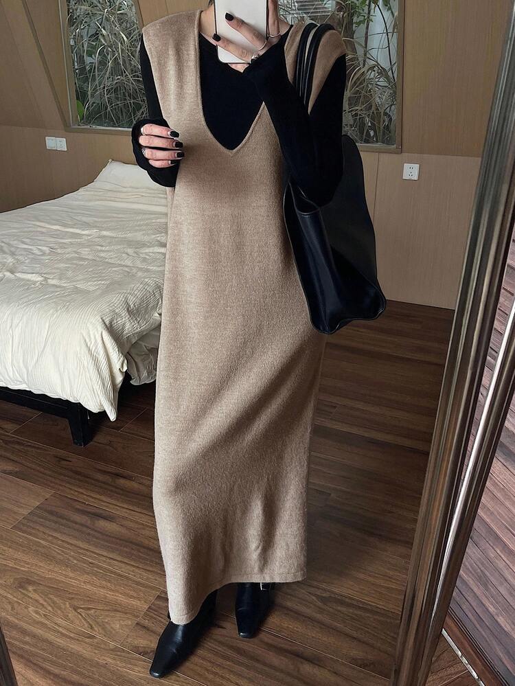 Women's Casual Loose Solid Color V-Neck Sleeveless Sweater Dress Fall/Winter
