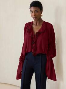 Aveloria Modichic V-Neck Ruffle Trim And Ruffle Trim Cuffs Blouse, Artistic For Autumn Strolls In The Woods And Cafe Chats - Red - View 4