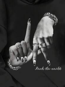 Street Hand Gesture Print, Bm, Retro Sweet American, Campus Vibe, Internet Hottie, Citywalk, Street Atmosphere, Casual Campus Sports Style, Teen Girls Loose Fit Thick Hoodie Sweatshirt, Suitable For Autumn/Winter Fall