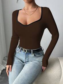 Chiquease Women's Casual Contrast Color Collar Bodysuit, Spring/Autumn Fall Cloth For Women - Rust Brown - View 6