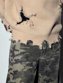 MODCRASH Men's Street Fashion Letter Embroidered Distressed Hole Versatile Knit Sweater, Autumn/Winter - Khaki - View 7