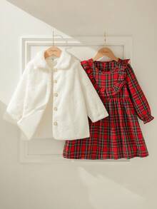 SHEIN 2件套 女童秋冬新款 2025 红色格子荷叶边长袖露背开领连衣裙 + 蓬松开衫 优雅公主裙外套套装 - 彩色 - 查看 1