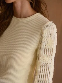 MOTF PREMIUM WOMEN'S AUTUMN/WINTER KNITTED APPLIQUES CREW NECK T-SHIRT - Apricot - View 2