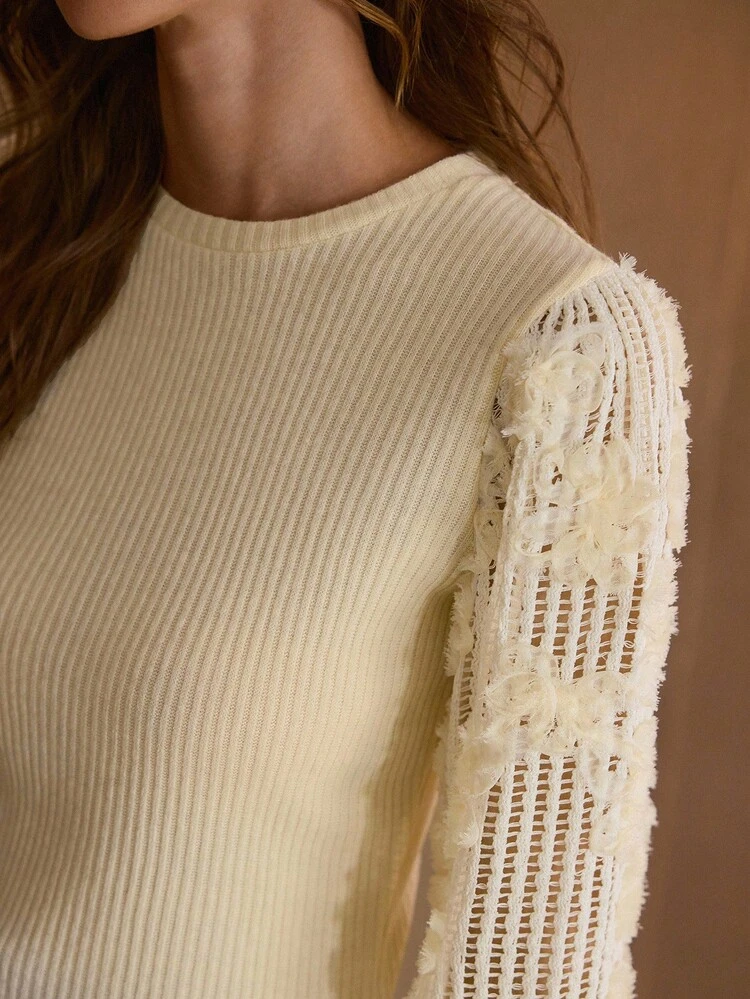 T-SHIRT COL ROND TRICOTÉ AVEC APPLIQUÉS POUR FEMMES, AUTOMNE/HIVER