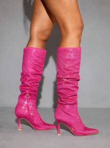 CUCCOO SZL 女士尖头高跟紫红色皱纹水钻装饰性感及膝靴，适合夜总会、派对、聚会，粉色 - 玫紅色 - 查看 7