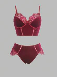 SHEIN 2 件哥特式天鹅绒钢圈文胸和低腰内裤套装 - 酒紅色 - 查看 4