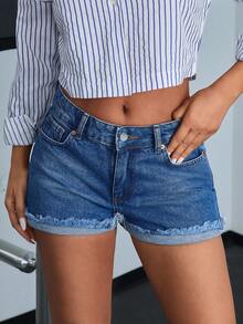 SHEIN Cottnline Low Waist Folded Hem Mini Denim Short - Medium Wash - View 3