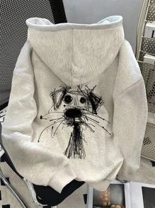 SHEIN 女式休闲卡通狗印花落肩长袖图案连帽衫秋季女款