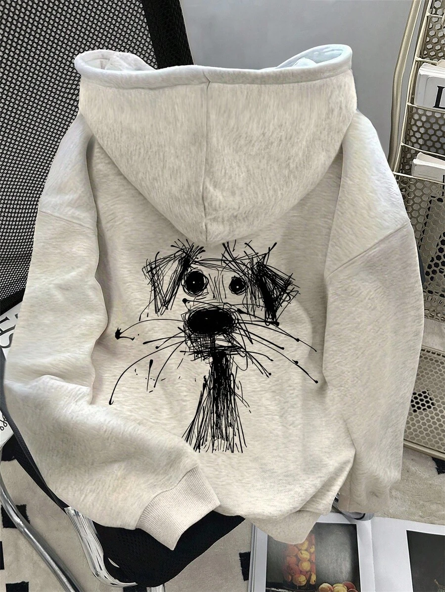 SHEIN 女式休闲卡通狗印花落肩长袖图案连帽衫秋季女款