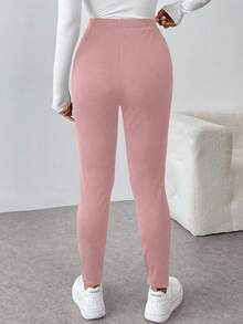 SHEIN Unity Women's Solid Color Metal Button Waist Design Skinny Casual Pants Fall Cloth For Women - Pink - View 2
