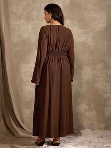 Flirla Women's Elegant Vintage V-Neck Ruffle A-Line Long Sleeve Midi Dress, Formal Office Commute Casual Vacation Afternoon Tea, Retro Teacher Middle Eastern Style Solid Color Fall Cloth For Women