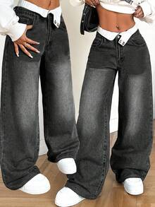 SHEIN Tall 女士牛仔裤 低腰宽松直筒裤 双腰直筒裤 拼接直筒裤 高腰宽松牛仔裤 阔腿牛仔裤 宽松牛仔裤 Y2k 女式宽松牛仔裤 女式宽松牛仔裤 - 深灰色 - 查看 1