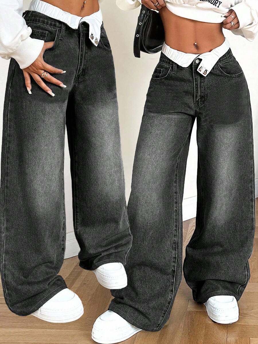 SHEIN Tall 女士牛仔裤 低腰宽松直筒裤 双腰直筒裤 拼接直筒裤 高腰宽松牛仔裤 阔腿牛仔裤 宽松牛仔裤 Y2k 女式宽松牛仔裤 女式宽松牛仔裤 - 深灰色 - 查看 1