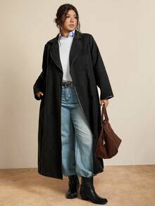 SHEIN LUNE Plus Size Women Lapel NeckLong Sleeve Casual Double-Faced Overcoat Winter Clothes For Women Business Casual Woman Trench Coats Fall Clothes For Women Winter Clothes Office Outfits For Women Chic Winter Business Autumn