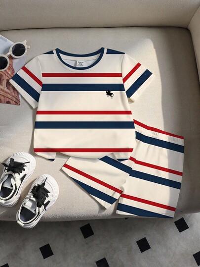 SHEIN Playful Pals 2pcs/Set Baby Boys Contrast Stripe Print Round Neck T-Shirt & Shorts Outfit Baby Boy Casual Set