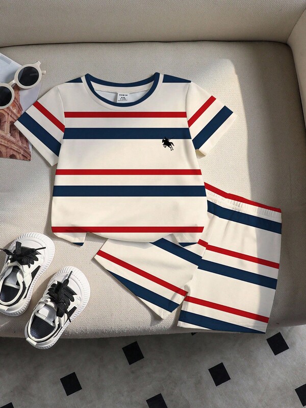 SHEIN Playful Pals 2pcs/Set Baby Boys Contrast Stripe Print Round Neck T-Shirt & Shorts Outfit Baby Boy Casual Set