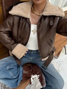 Muchica 女式仿皮草短款夹克，秋冬 - 棕色 - 查看 5