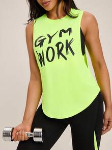 Hanevo Colorblock Short Fitness Bra And Letter Print Tank Top And Leggings Set For Fitness And Running Women Leggings Set - Mustard Yellow - View 5