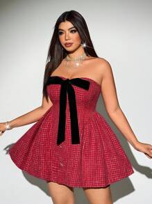 Viva Relle Abito mini tubino in maglia a quadri vintage rosso con fiocco, abito per Capodanno, abito, abito da festa, abito invernale, abito in maglia, abito a maniche lunghe, abito da donna, abito bordeaux, abito da festa - Rosso - Visualizzare 3