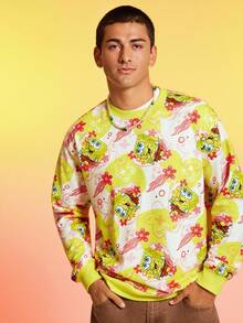 SpongeBob SquarePants | SHEIN Men Cartoon Pattern Round Neck Long Sleeve Pullover Sweatshirt , Fall - Yellow - View 1