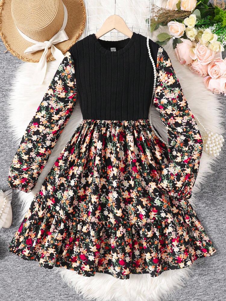 autumn patchwork dress a line SHEIN Teen Girls Vintage Floral Cinched Waist A-Line Long Sleeve Dress, Sunflower Hem, A-Line, Short Dress, Suitable For Spring/Autumn, Autumn/Winter Layering Girls Girls Long Sleeve Dress Girls Fall Dress Maxi dresses