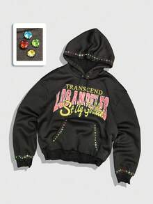 ROMWE MEN Street Life Men's Autumn Slogan Print Long Sleeve Pocket Rhinestone Decor Drawstring Hoodie - Black - View 1