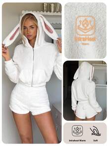 CovetEZ 2pcs/Set Women's Autumn And Winter Christmas/Halloween Home Sweet And Cute Casual White Plush Rabbit Ears Cute Tail Plush Jacket And Plush Shorts, White Home Sweet And Cute