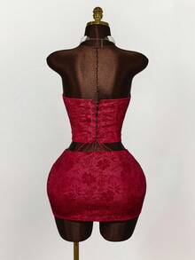 Amplova 2件套抹胸提花超低腰半身裙 - 紅色 - 查看 11