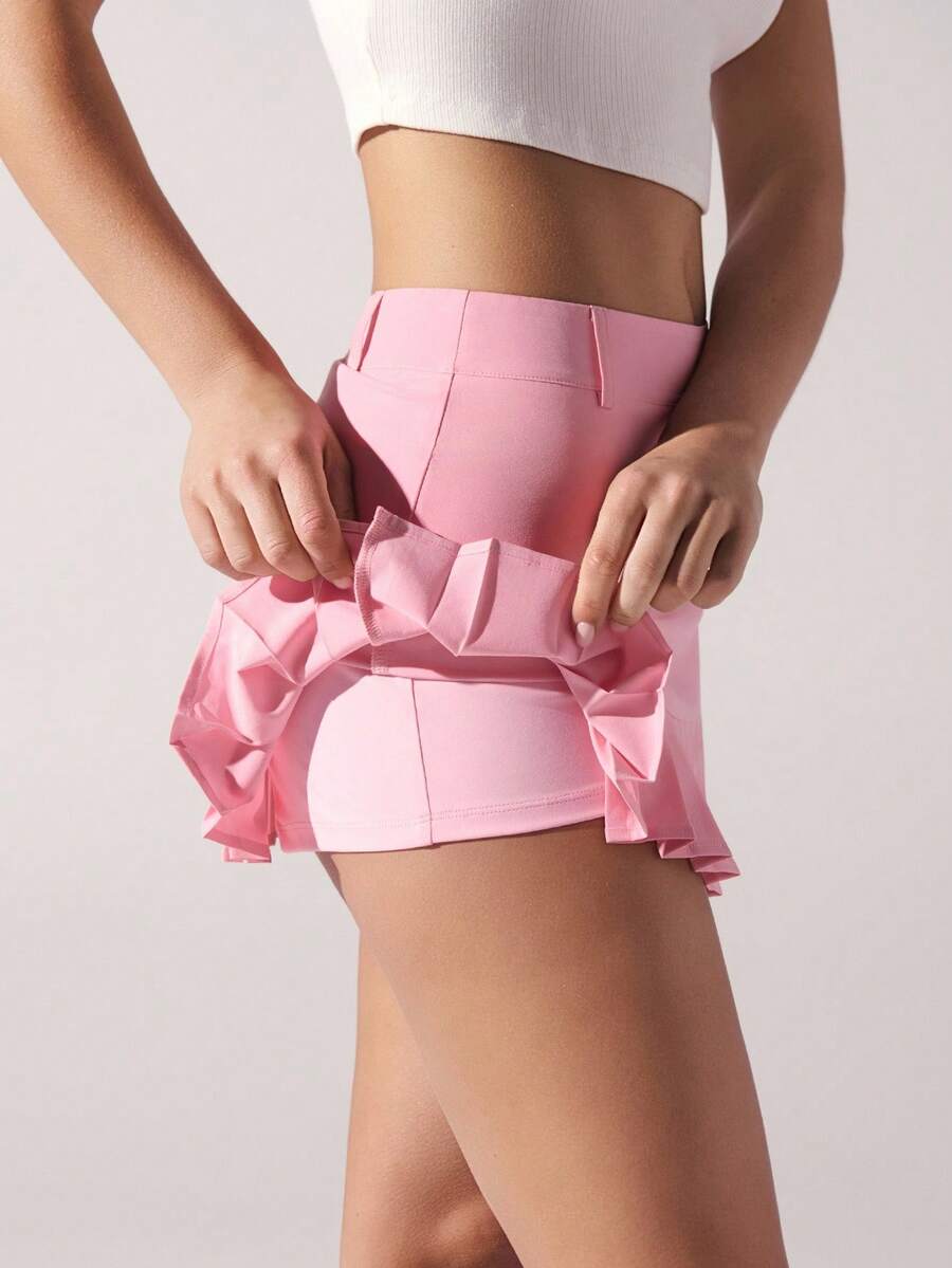 Menodora SHEIN Sport Quần short mini xếp ly thêu màu trơn thời trang đa năng - Hồng - Xem 1