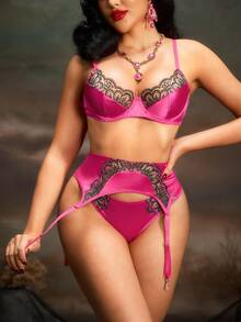 SHEIN Bộ áo ngực có gọng thêu gợi cảm dành cho nữ - Màu Hồng Tươi - Xem 2
