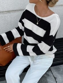 Chiquease Women's French Street Style Contrast Color Striped Bow Back Knit Sweater, Early Autumn - Black and White - View 6