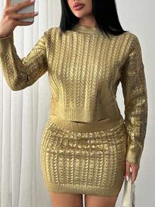 EURMUSE Women's Gold Foil Printed Circular Cable Knit Long Sleeve Beige And Gold Pattern Sweater Pullover And Knit Mini Skirt 2 Pieces Set,Petite Co Ord,Co Ord,Petite,Winter Clothes - Beige - View 1