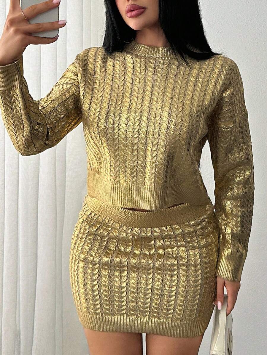 EURMUSE Women's Gold Foil Printed Circular Cable Knit Long Sleeve Beige And Gold Pattern Sweater Pullover And Knit Mini Skirt 2 Pieces Set,Petite Co Ord,Co Ord,Petite,Winter Clothes - Beige - View 1