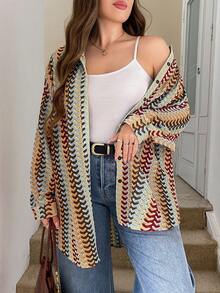 SHEIN LUNE 大码秋冬女装万圣节服装，女士休闲蓝白条纹长袖衬衫，适合老派富家女风格，秋季度假、约会、日常通勤及户外活动。 - 彩色 - 查看 4