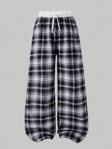 SHEIN Explorewe Tween Girls' Contrast Waist Tie Plaid Wide Leg Loose Casual Pants Fall Winter - Black - View 7