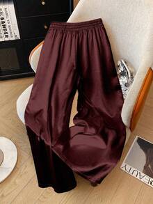 Franclia Plus Size Satin Drawstring Tie Waist Straight Leg Pants Fall Cloth For Women Elastic Waist Pants Silk Pants Harem Pants Women Women Wide Leg Pants Palazzo Pants Women - Burgundy - View 2